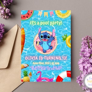 Invitation personnalisée de fête d'anniversaire de piscine de point et d'ange, invitation d'anniversaire de point, invitation de partie de piscine d'ange, invitation de partie de piscine de point
