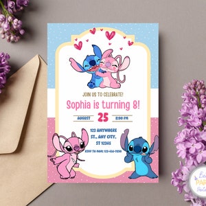 Invitación personalizada a la fiesta de cumpleaños de Stitch y Angel, invitación de cumpleaños de Stitch, invitación de ángel para niños, tarjeta de cumpleaños de Stitch