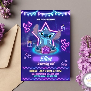 Stitch Neon Birthday Party Invitation, Personalized Stitch Birthday Invitation, Stitch Neon Glow Party Invite, Stitch Neon Party Invite