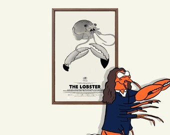 May include: A cartoon illustration of a lobster wearing a blue blazer and a white shirt, standing in front of a framed movie poster. The poster is for the movie "The Lobster" and features a black and white image of a lobster.