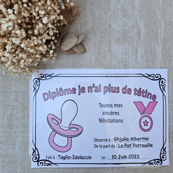 Diplôme arrêt de la tétine fille/Garçon personnalisé