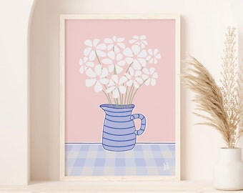 Farmhouse Flowers Art Print | White florals, digital art, simplistic flowers, vase illustration, floral artwork, gingham, High Quality A5 A4