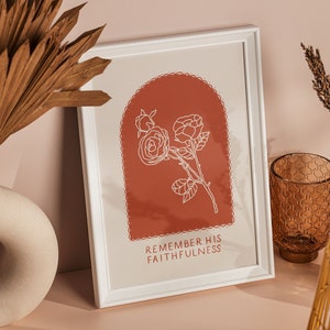 Onthoud zijn trouw Art Print | Terracotta, illustratie, woondecoratie, rozenlijntekening, handgeschreven, christelijke kunst, A4 of A5