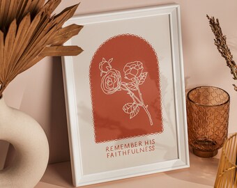 Remember His Faithfulness Art Print | Terracotta, Illustration, Home decor, Rose Line Drawing, Hand Written, Christian Art, A4 or A5