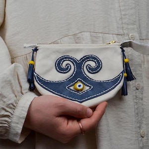 Cartera de cuero auténtica hecha a mano con diseño vintage de cuentas de mal de ojo