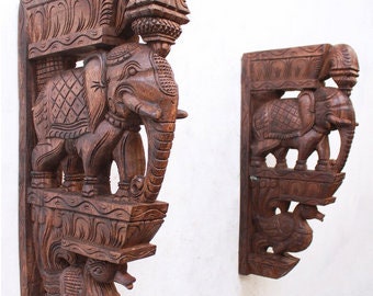 2 pcs Wall Bracket Elephant Wooden Statue Corbel Pair Vintage Home Decor Lamp / Plant Hanger Wall Shelf /Stand Door Entrance Temple /