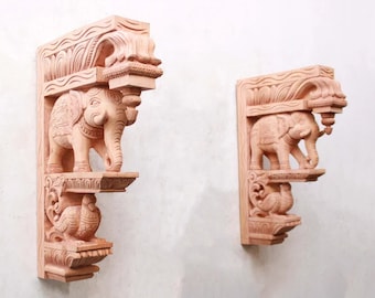 2 pcs Wall shelf  Wooden shelfs Wall Bracket Elephant Statue Corbel Pair Vintage / Antique Home Decor Wall Shelf /Entrance Door Decor