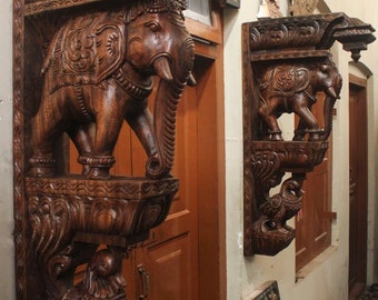 2 pcs  Wooden Wall Bracket  Elephant Corbel Big Pair Door Entrance Decor Vintage Look Home Decor Indian Asian Elephant Sculpture Corbel Pair