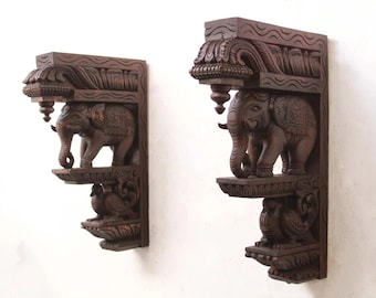2 pcs Wooden Corbel Wall Elephant Bracket Pair Corbel Big Elephant Statue Home Decor Wall Decor Home Decor Wall Hangings Carved Wall