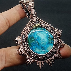 Handmade Chrysocolla Gemstone Pendant: Copper Wire Wrapped Jewelry