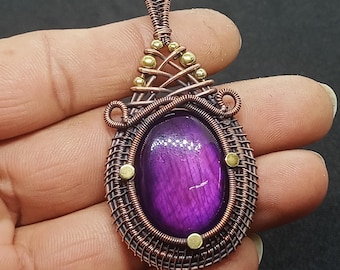 Handmade Copper Wire Wrapped Purple Labradorite Pendant