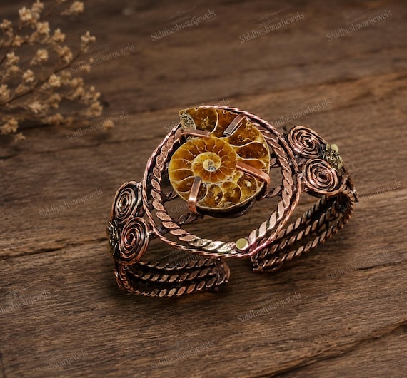 New Arrival Copper Wire Wrapped Cuff Bracelet Ammonite Fossil Bangle Adjustable Cuff Jewelry