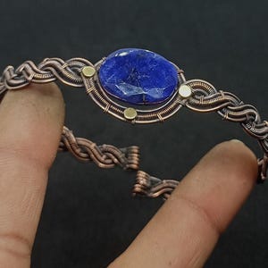 Handmade Copper Wire Wrapped Sapphire Cuff Bangle: Adjustable Jewelry