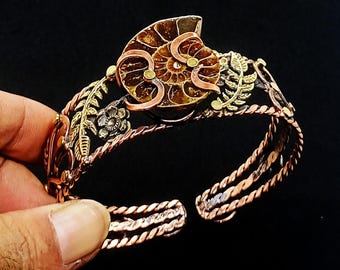 Natural Ammonite Fossil Cuff Bracelet Solid Copper Bangle Adjustable Bracelet Wire Wrapped Jewelry Handmade