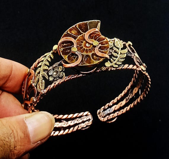 Natural Ammonite Fossil Cuff Bracelet Solid Copper Bangle Adjustable Bracelet Wire Wrapped Jewelry Handmade