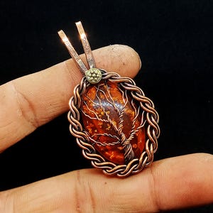 Copper Wire Wrapped Tree of Life Pendant: Baltic Amber Handmade Jewelry