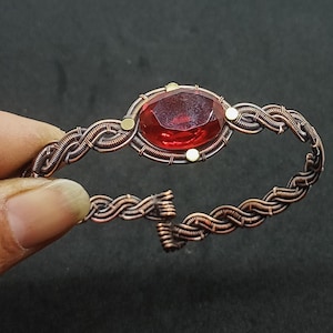 Lab Created Faceted Garnet Cuff Bangle Copper Wire Wrapped Bangle Adjustable Cuff Bangle Woman Jewelry Cuff Bangle New Arrival Bangle