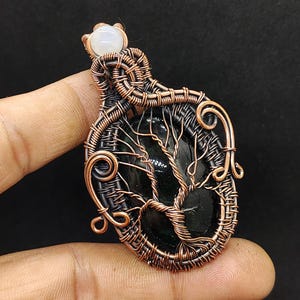Handmade Onyx Tree of Life Pendant Necklace with Moonstone Accent – Copper Wire Wrapped Jewelry
