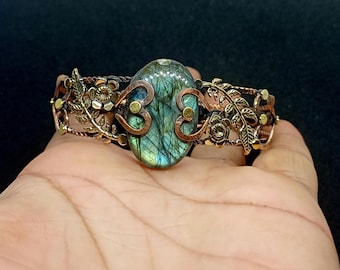 Labradorit Kupfer Armreif: Draht Gewickelt Einstellbar Schmuck