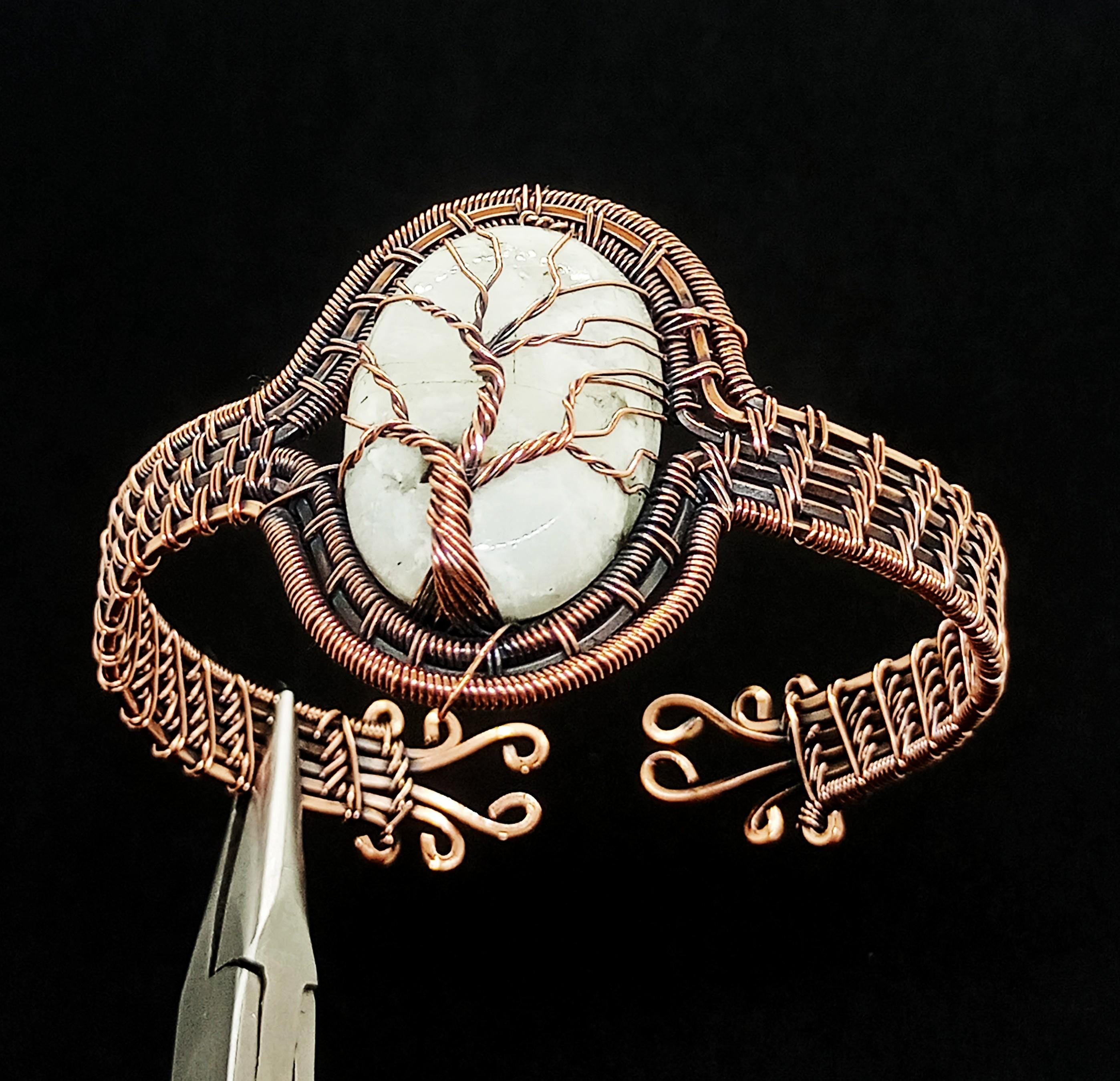 Rainbow Moonstone Gemstone Bracelet Handmade Copper Wire Wrapped Cuff Bracelet Tree Of Life Jewelry