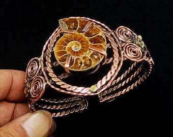 New Arrival Copper Wire Wrapped Cuff Bracelet Ammonite Fossil Bangle Adjustable Cuff Jewelry