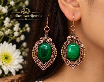 Handmade Copper Wire Malachite Earrings: Oval Gemstone Dangle Jewelry