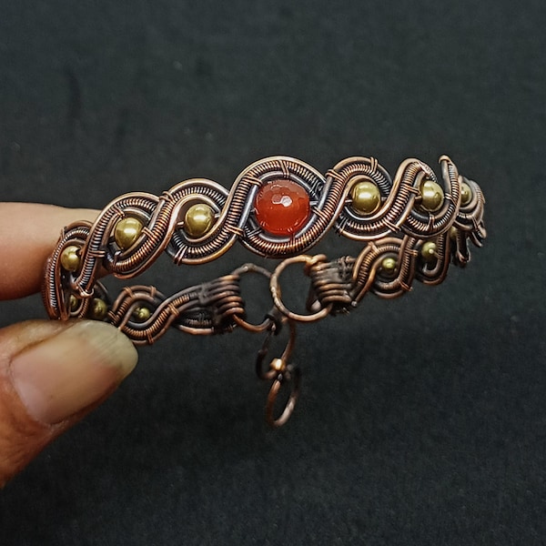 Handmade Copper Wire Wrapped Carnelian Cuff Bangle - Adjustable