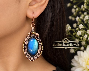 Labradorite Earrings: Handmade Copper Wire Wrapped Gemstone Dangle
