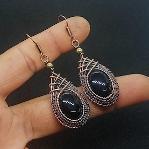 Black Onyx Gemstone Drop Dangle Earring Handmade Copper Wire Wrapped earring Woman Jewelry New Year earring Onyx Earring Wife Gift earring