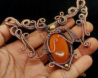 Handmade Copper Wire Wrapped Carnelian Gemstone Statement Necklace