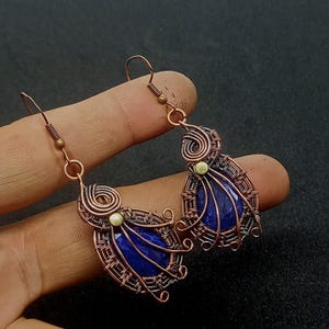 Handmade Sapphire Cabochon Copper Earrings: Dangle Drop Jewelry