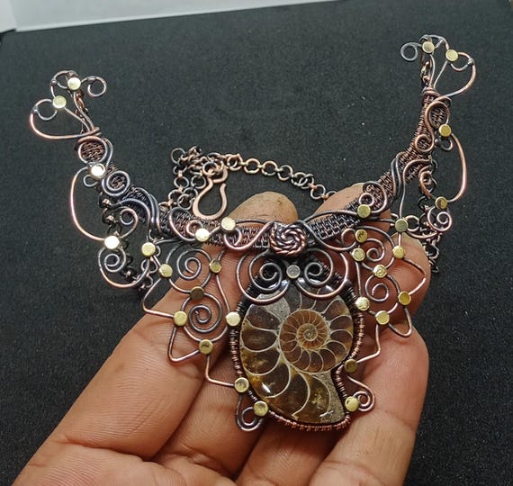 Handmade Copper Wire Wrapped Ammonite Fossil Necklace