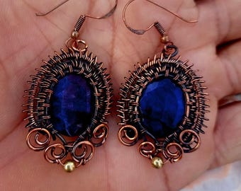 Handmade Copper Wire Wrapped Sapphire Earrings