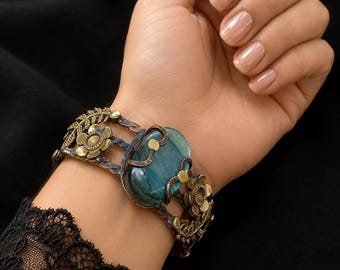 Labradorite Copper Cuff Bangle: Wire Wrapped Adjustable Jewelry