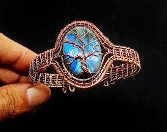 Blue Fire Labradorit Edelstein Kupfer Draht gewickelt Baum des Lebens Manschette Armband handgemachten Schmuck