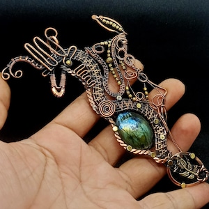 Wire Wrapped Copper Dragon Pendant: Labradorite Gemstone Jewelry