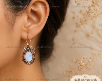 Handmade Rainbow Moonstone Copper Wire Wrapped Earrings, Oval Gemstone Dangle Jewelry
