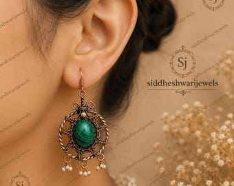 Malachite Gemstone Copper Wire Wrapped Earrings: Handmade Dangle Jewelry