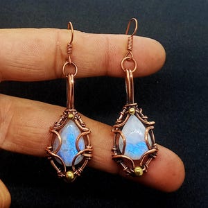 Rainbow Moonstone Copper Earrings: Handmade Dangle Jewelry