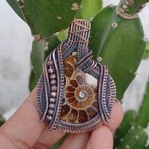 Copper Wire Wrapped Ammonite Pendant Gemstone Jewelry Ammonite Jewelry Handmade Wire Jewelry Natural Ammonite Pendant Fashion Jewelry