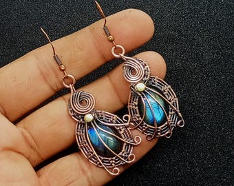 Handmade Labradorite Gemstone Copper Wire Wrapped Earrings