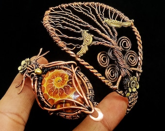 Handmade Copper Wire Wrapped Ammonite Fossil Cuff Bracelet