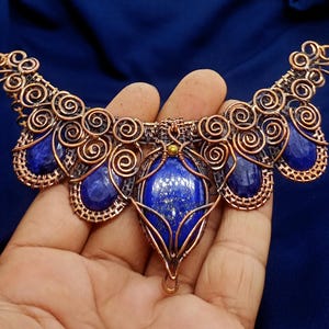 Lapis Lazuli Copper Wire Wrapped Necklace: Sapphire Gemstone Pendant