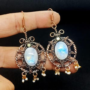 Wire Wrapped Rainbow Moonstone Earrings: Handmade Copper Jewelry