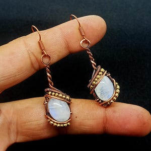 Rainbow Moonstone Copper Earrings: Wire Wrapped Dangle Jewelry