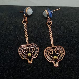 Rainbow Moonstone Copper Earrings: Wire Wrapped Heart Dangle