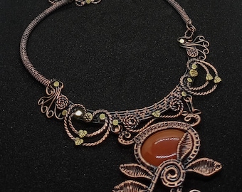 Handmade Copper Wire Wrapped Carnelian Pendant Necklace (16-18")