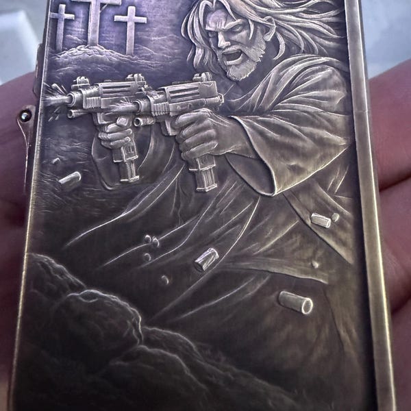 Dungeon Crawler Carl inspired Uzi Jesus, heavy duty Zorro 912 lighter.