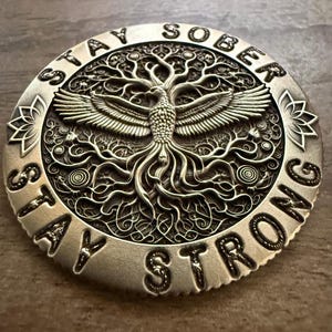 Phoenix Tree of Life Sobriety Medallion: Antique Brass AA NA Recovery Gift