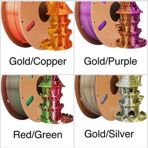Puede incluir: Cuatro bobinas de filamento para impresora 3D en varios colores, cada una emparejada con un modelo de castillo en miniatura. Los colores incluyen oro/cobre, oro/p&uacute;rpura, rojo/verde y oro/plata. El texto etiqueta cada combinaci&oacute;n de colores.